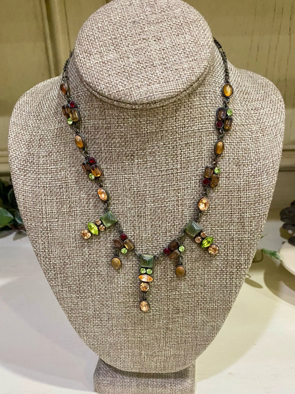 Vintage Multicolor Rhinestone Necklace Green Amber Red Adjustable 7”-10”